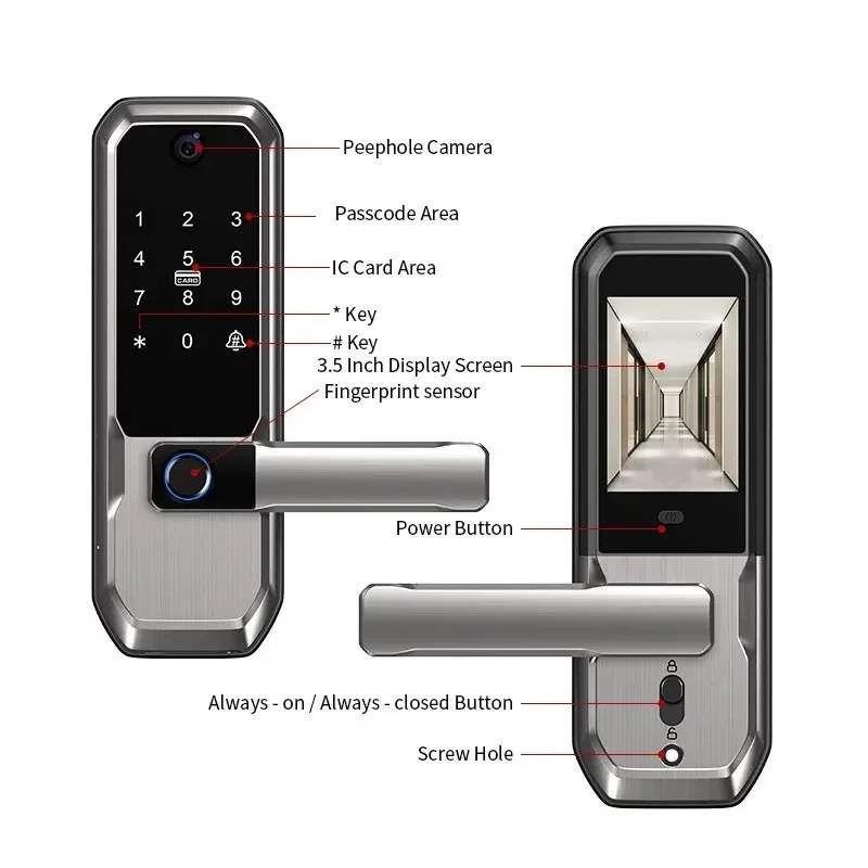Smart Door Lock Tuya App - Tuya WiFiスマートドアロック、覗き穴カメラ付き、シングルラッチキーレス指紋認証ロック、家庭/アパート用セキュリティハンドルスマートロック
