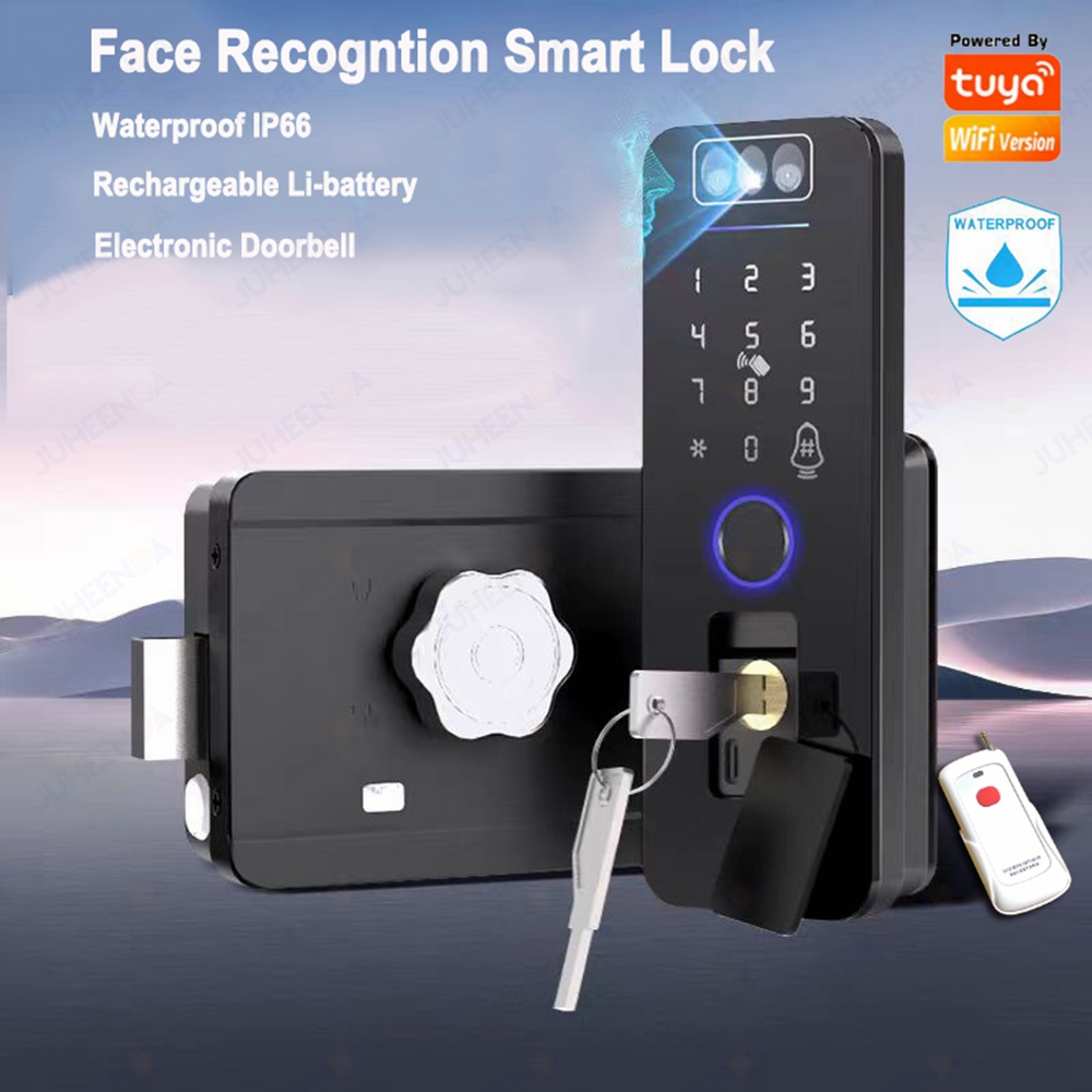 Smart Rim Lock Wifi Fingerprint - 充電式3D顔認証Tuya Wifi防水スマートロックデジタルパスコード指紋認証屋外ゲート電動リムロック
