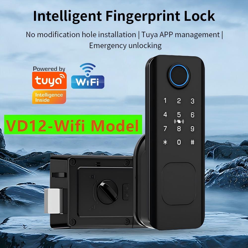 Smart Rim Lock Wifi Fingerprint - WiFi指紋認証防水屋外ガーデンロック、リモートコントロール対応Tuyaアプリコードキーレススマートドアロック、電動リムロック