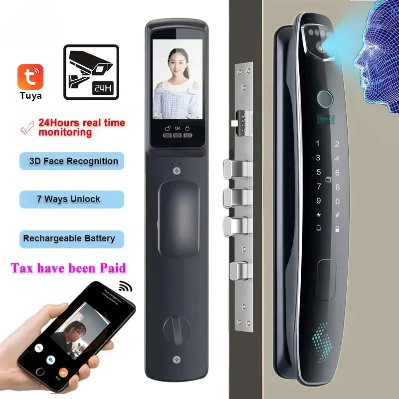 Smart Door Lock With Camera Intercom - 3D顔認証スマートパスワードドアロック、ビデオインターホン機能付き、生体認証指紋ICカードキー解錠