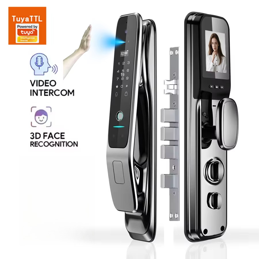 Smart Door Lock Fingerprint Wifi - Tuya全自動スマートドアロック、3D顔認証と指紋認証によるセキュリティ機能搭載、アルミ＆木製ドア対応、Wi-Fi接続