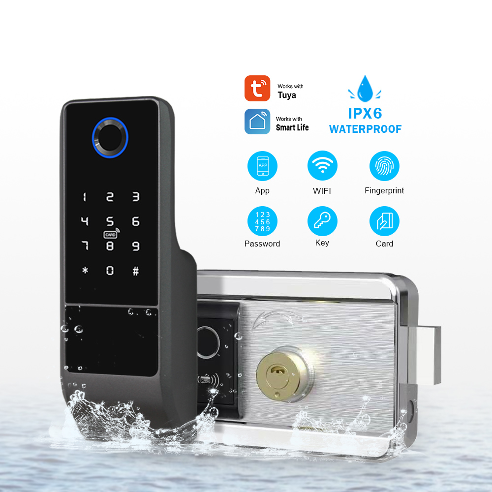 Smart Door Lock Tuya App - 防水Tuyaアプリ対応WiFiロック 両面電子指紋スマートドアロック メモリカード対応 リムゲート スチールドア アルミ合金