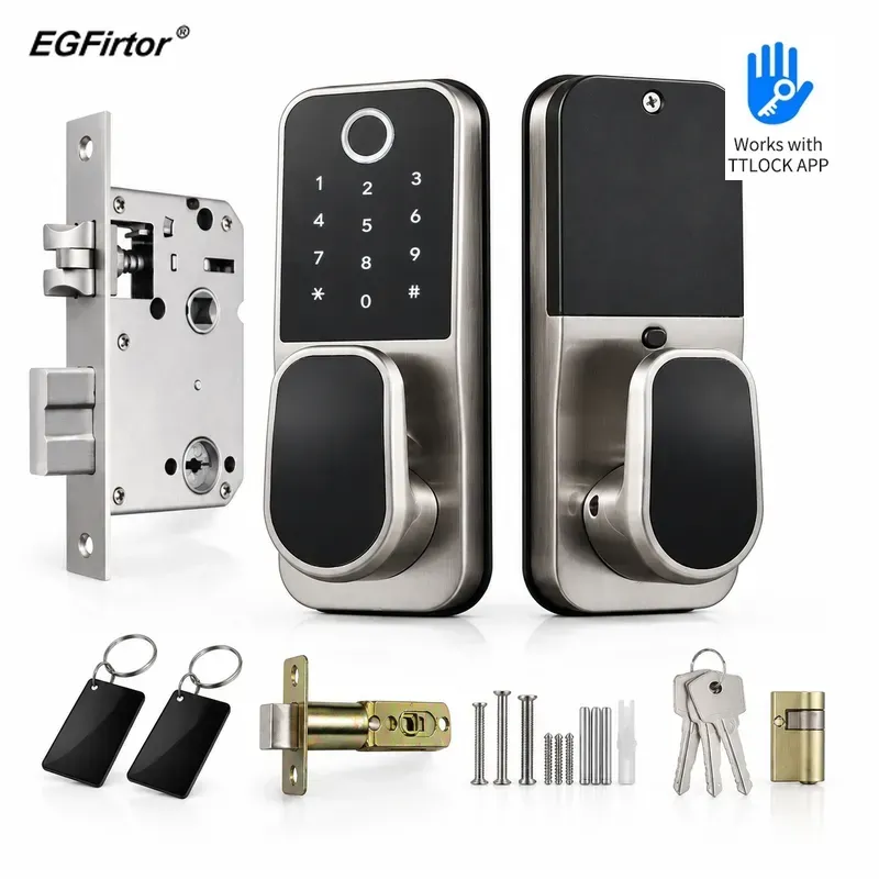 Smart Lock Deadbolt Keypad Bluetooth - TTLOCK製、パスワードと指紋認証に対応した、回転式ハンドル付きのBluetoothスマート電子錠。木製のドアや民宿に最適。