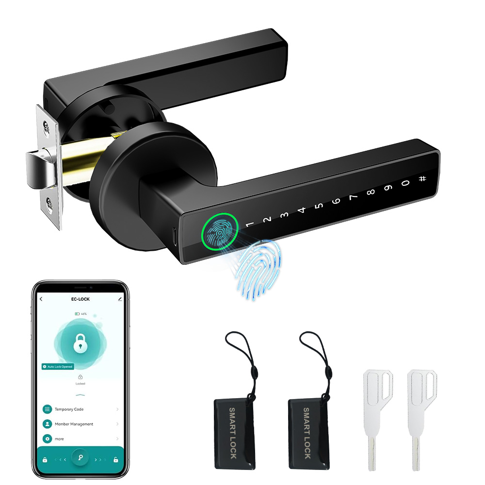 Digital Door Lock Fingerprint Handle - デッドボルト式、デジタル指紋認証、電動パスワード、スマートキー、Tuya対応、BLEリモコン、木製ドア用、アルミニウム合金製、ブラック、クラウドハンドル、スマートロック