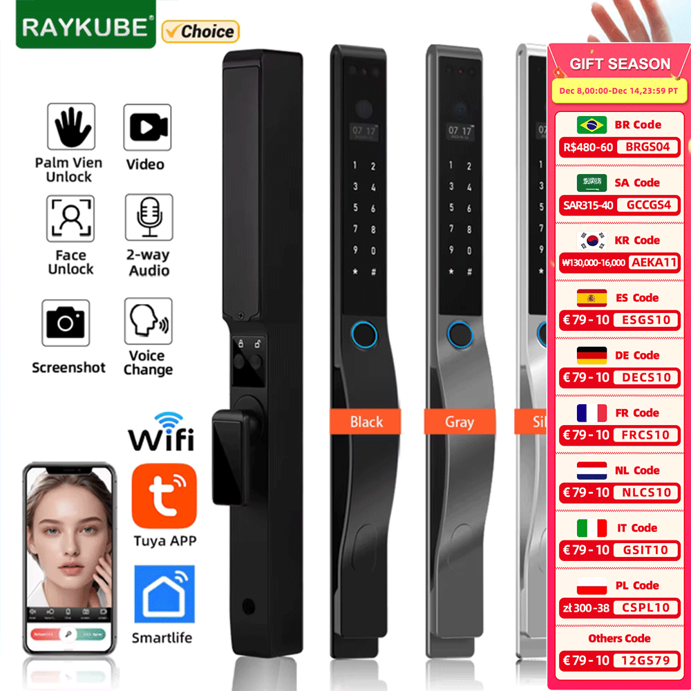 Video Door Lock With Camera Peephole - RAYKUBE DQ10 Tuya WiFi パーム静脈防水スマートロック 3D顔認証