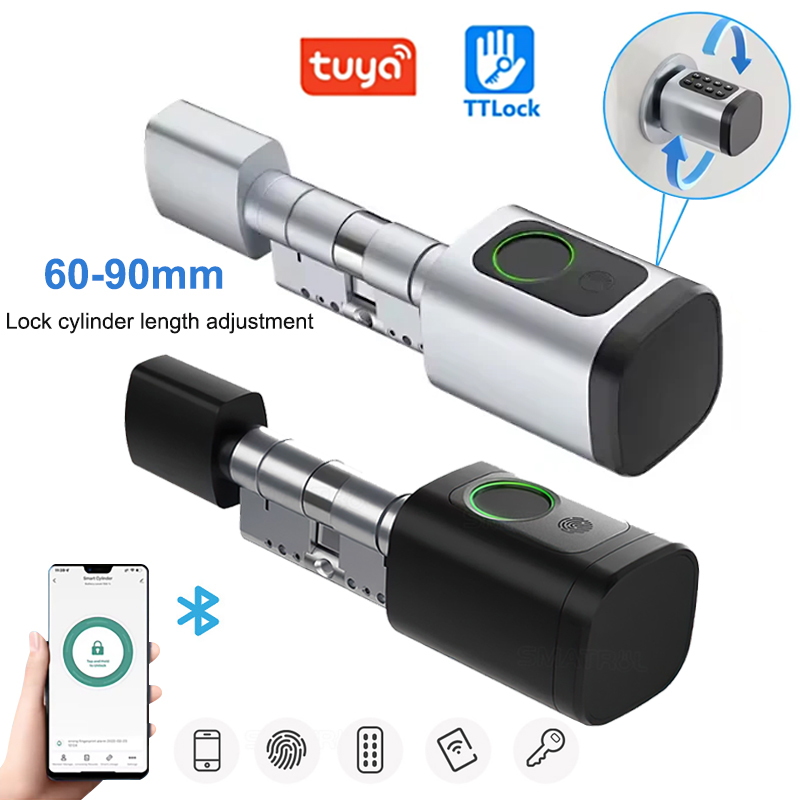 Smart Door Lock Tuya App - 60-90mm調整可能なTTロック/Tuya Bluetoothスマート指紋デジタルシリンダーロック（アプリ/パスワード/RFIDカード/キーロック解除対応）