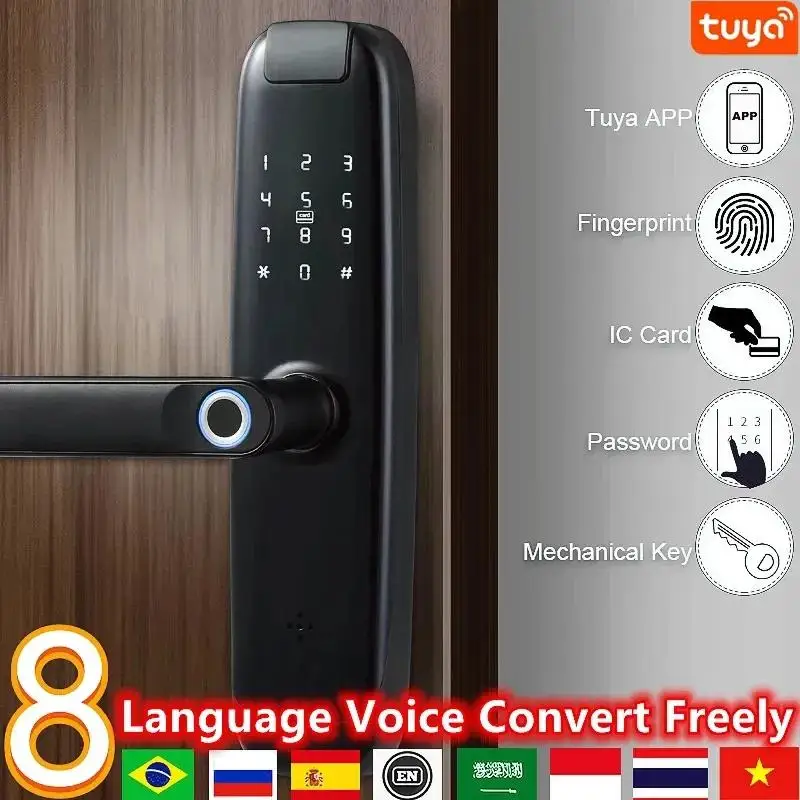 Digital Door Lock Fingerprint Handle - スマート指紋認証キーレスエントリードアロック デジタル電子錠 Tuya WiFi対応 コード式電動ドアノブ 生体認証ドアハンドル