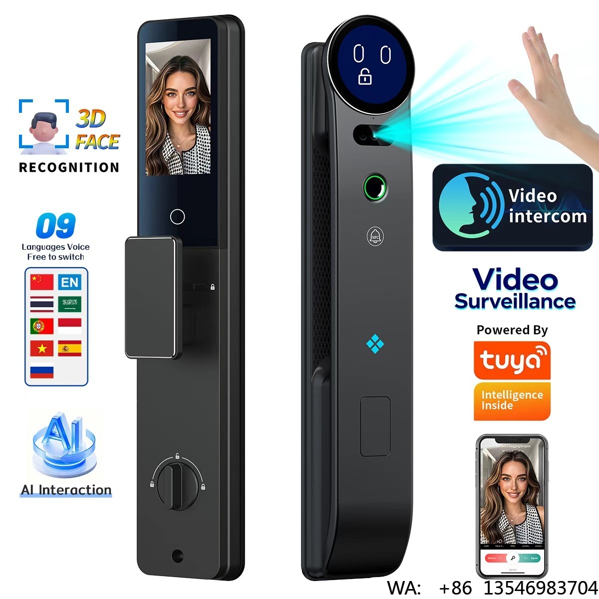 Smart Door Lock 3D Face Palm Vein - HanDaily掌紋3D顔AI音声インタラクションスマートドアロック顔認証指紋ビデオ通話デジタルロック
