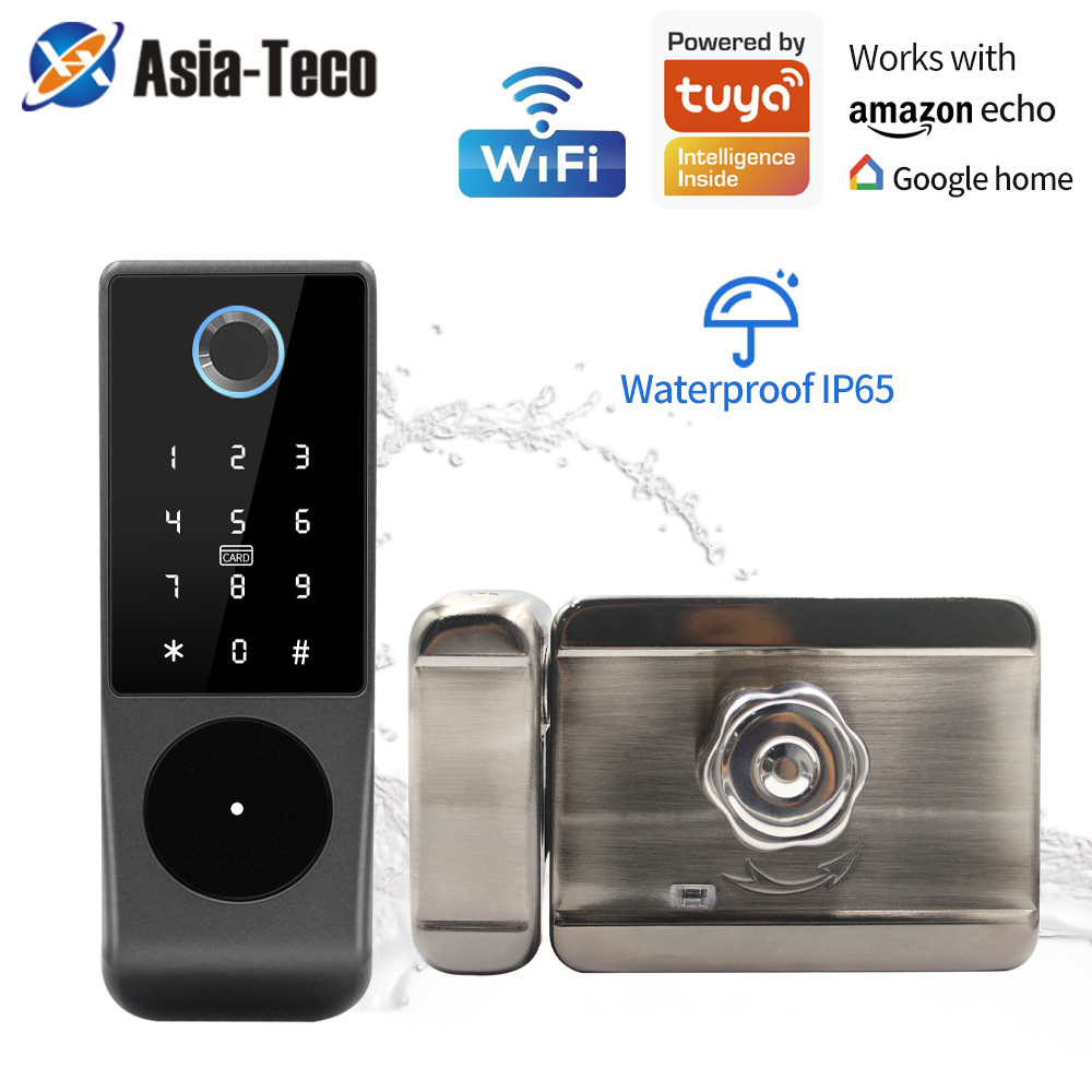 Smart Rim Lock Wifi Fingerprint - 防水IP65スマートロック,wifi,Tuyaアプリケーション,指紋,屋外ドア,パスワード,RFIDカード,盗難防止ボルトロック,alexa付き