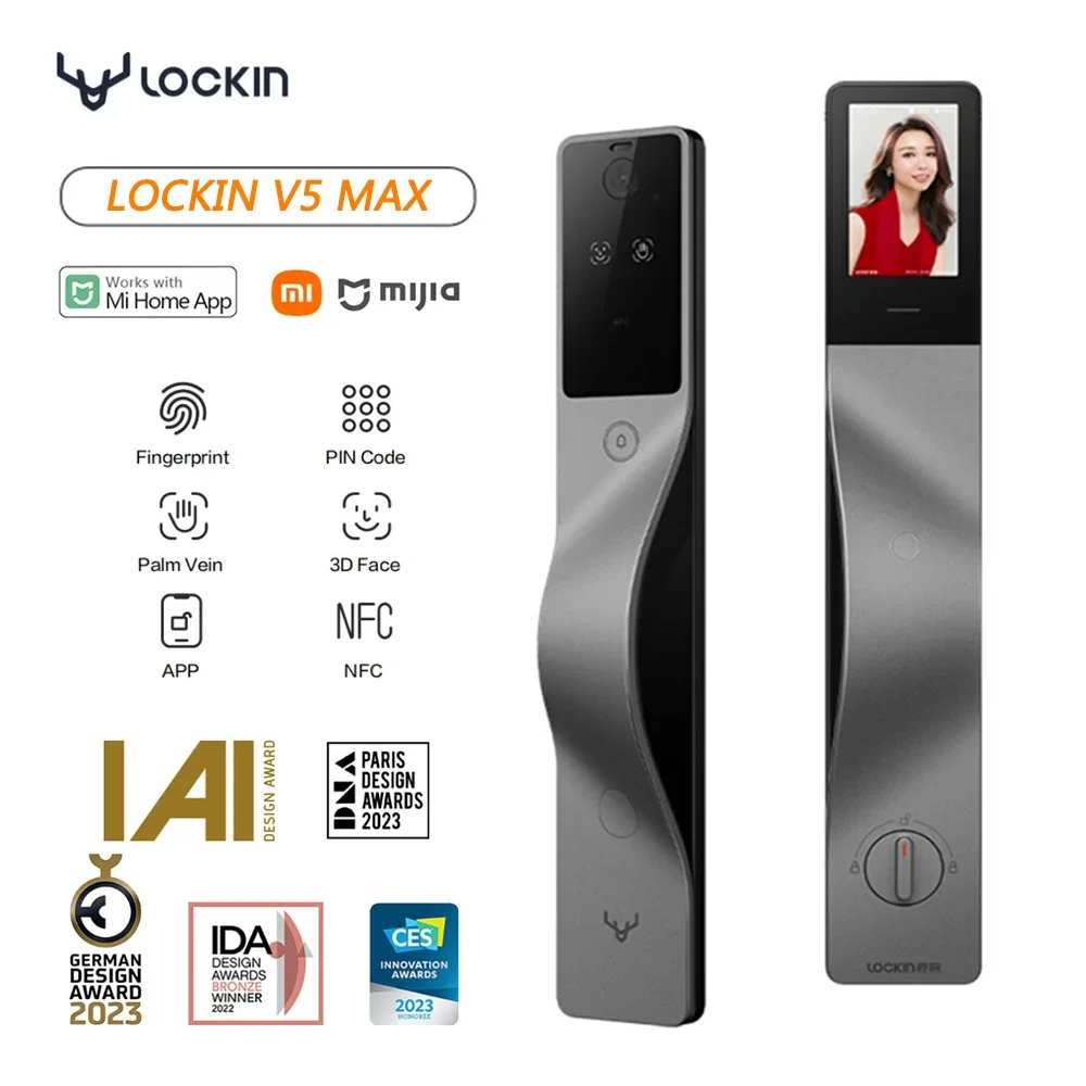 Face Recognition Door Lock - Lockin V5 Max 3D顔認証スマートロック、掌静脈認証、キャットアイスクリーン、スマートパスワードロック、APPスマートリンク、左開きドア用