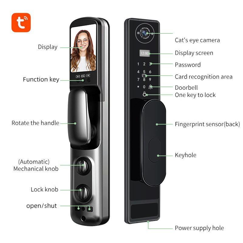 自動TUYA Wifi対応 キャッツアイ 指紋認証 プッシュ - Smart Door Lock With Camera Intercom のレビューと価格