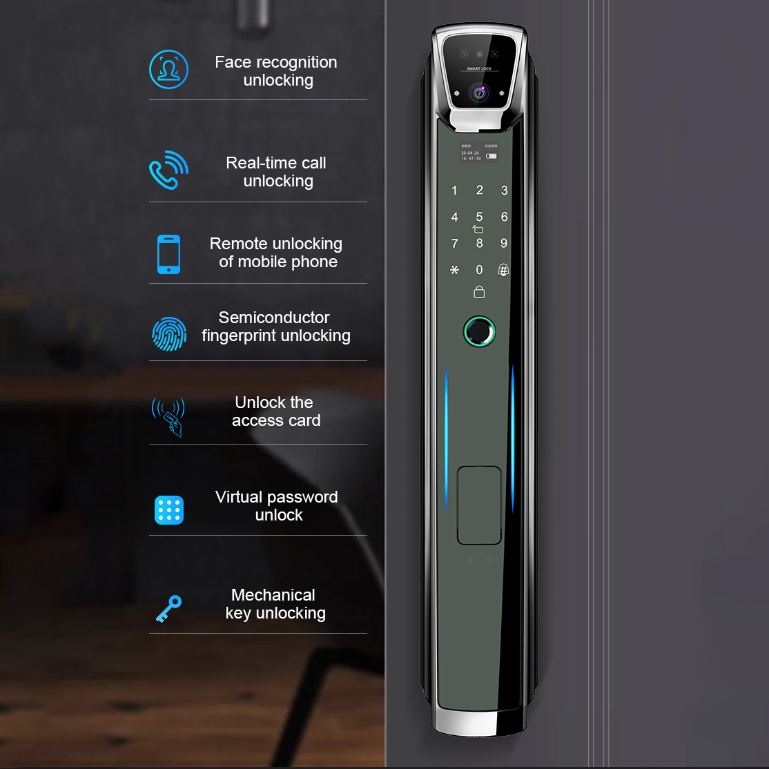顔指紋キー仮想パスワード高安全性アルミニウム合金電子ロック木 - Face Recognition Door Lock のレビューと価格