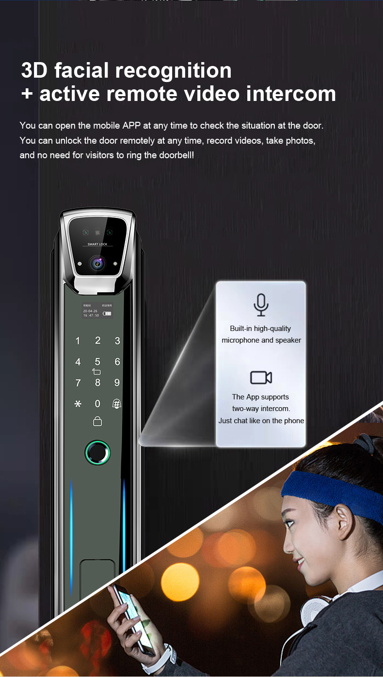 顔指紋キー仮想パスワード高安全性アルミニウム合金電子ロック木 - Face Recognition Door Lock のレビューと価格